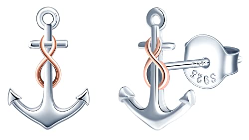 INFINIONLY Boucles d'oreilles ancre pour femmes et filles, en argent 925, Clou d'oreille ancre argent incrustée du symbole de l'infini or rose, Procédé...