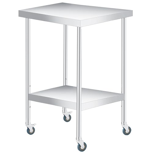 Image of Stainless Steel Table, 24 inch x 24 inch Heavy Duty Worktable with Adjustable Undershelf and Locking Casters, 2 Tier Metal Prep Table for Commercial Kitchen, Restaurant, Garages