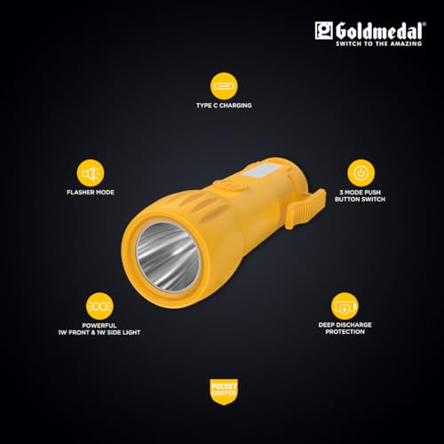 Image of Goldmedal Torcia 04 1+1W LED Rechargeable Torch - Cool Daylight (6500K) | 500 mAh Li-ion Battery | Battery Back-up Up to 2 Hours | Deep Discharge Protection | Type C Charging | Pocket Gripper