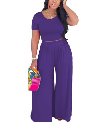 HBQ Two Piece Outfits For Women Casual Sweat Suits Backless Short Sleeve Crop Tops Wide Leg Pants Lounge Sets Tracksuit-Purple-M