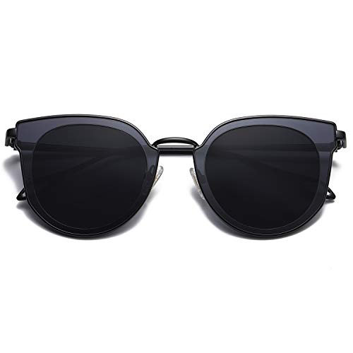 SOJOS Fashion Round Polarized Sunglasses for Women UV400 Mirrored Lens SJ1057 with Black Frame/Grey Lens