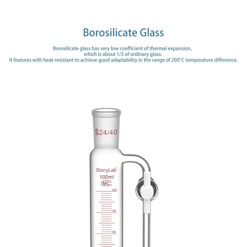 stonylab Pressure Equalizing Addition Funnel, 24/40 Joint, Borosilicate Glass Graduated Dropping Funnel with 2 PTFE Stopcocks, for Laboratory Controlled Addition, 100 ml