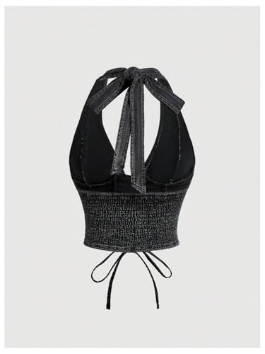 WDIRARA Women's Lace Up Front Denim Halter Tops Deep V Neck Tie Back Smocked Sleeveless Crop Top2