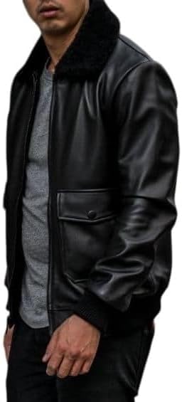 Vista 3 de Chaqueta de cuero genuino de aviador marrón desgastada para hombre G-1 con cuello de piel de la marina de los EE. UU