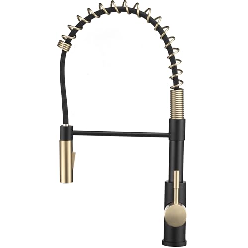 Image of Dura Faucet DF-MK504SLK-MB RV Swivel High-Arc Spring Kitchen Sink Faucet - Single Handle - Kitchen Faucet with Pull-Down Sprayer - Optional Deck Plate (Matte Black /Matte Gold)