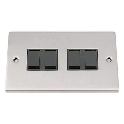 Light Switch 4 Gang - Satin Matt Chrome - Square - Black Insert Plastic Switch - 10 Amp Quad 4 Gang 2 Way