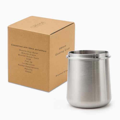 CREMA Coffee Products 58mm Dosing Cup | Compatible with any 58mm Portafilters | Durable 100% Stainless Steel | Built-In Grinder Tab for Easy Transfer | Sleek, Mess-Free Design | Silver Finish