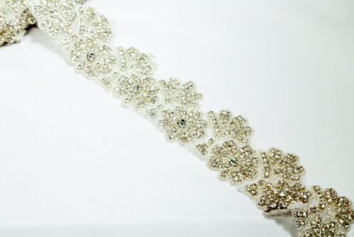 Rhinestone Trim Luxury Silver Floral Leaf Pattern Sold by Yard Fabric