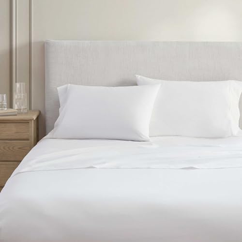 Image of Martha Stewart - Full Size Sheets Set, Crisp & Tailored Cooling Sheets w /a Naturally Smooth Cotton Percale Lightweight Feel - Matching Pillowcases & Fitted Sheet (Skylands Solid White)