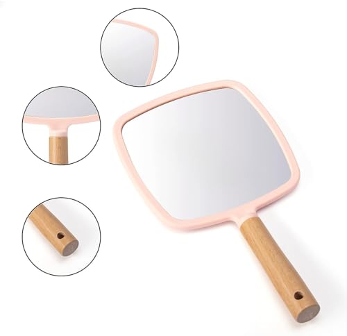 Image of Wood Handle Mirror Square 25x13 cm | Portable HD Grooming & Makeup Mirror | Eco‑Friendly Plastic Frame | Travel & Shaving Handy Mirror (1, Square)