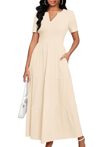 Image of MarryUP Women 2025 Casual Loose Maxi Dress with Pockets V Neck Short Sleeve Tiered Long Summer Beach Swing Dresses