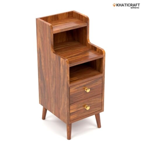 Image of Pithika 100% Solid Sheesham Wood Bedside Table with Drawer - Handmade Wooden Nightstand for Bedroom, Storage Side Table, Pre-Assembled, Honey finesh