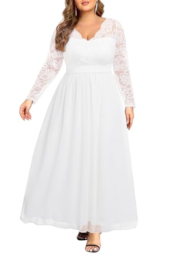 Image of Talisea Plus Size Formal Wedding Dresses - Gowns Evening Prom Elegant V Neck Long Sleeve Lace Chiffon Long Maxi Dress