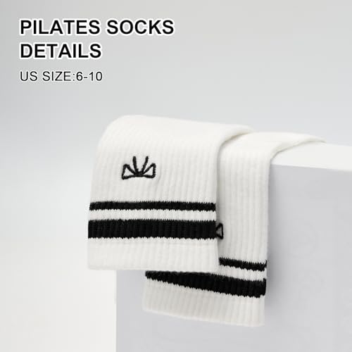 Image of Non-Slip Pilates Yoga Socks for Women Cotton Crew Striped Bow Embroidery for Barre Ballet Dance Workout