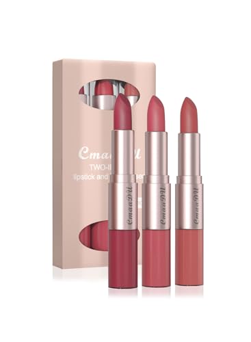3 Pcs 2 in 1 Lipstick and Lip Gloss Set Matte Velvet Double Headed High Pigmented Lipstick Waterproof Long Lasting Lip Makeup Gift Set for Women - Bean Paste Red/Peach Pink/Bean Paste Pink