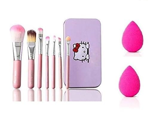 HARSHLOVE Hello Kitty Complete Makeup Brush Kit – 7-Piece Set with Storage Box, Plus 2 Sponge Puffs in Pink