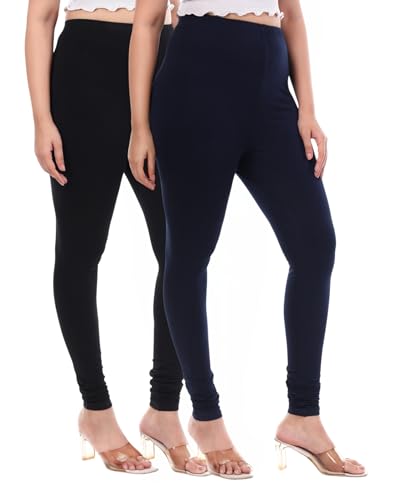 Image of TPF Women Solid Cotton Lycra 4 Way Stretchable Leggings | Combo Pack of 2 Comfortable Churidar-Length Slim Fit Leggings for Women & Girls