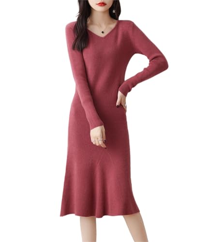 100% Wool Sweater Dress Women's Mid-Length Girl's Slim Fit V-Neck Long Sleeve Pullover A-line Knitted Long Dress