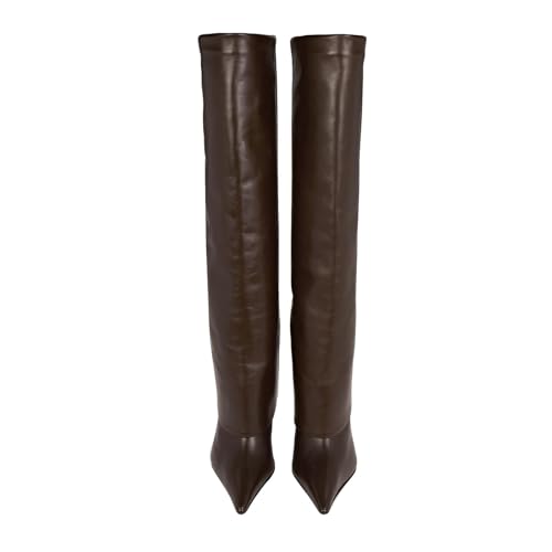 Image of Goolita Fold Over Boots For Women, Pointed Toe Stiletto Heel Knee High Boots Fashion Comfortable Slip On Tall Boots