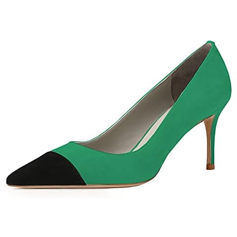 Lutalica W Women's Pointed Toe Suede Comfort Slip On Two-Tone Formal Low Kitten Heel Dress Pumps Green Size 36 Cover