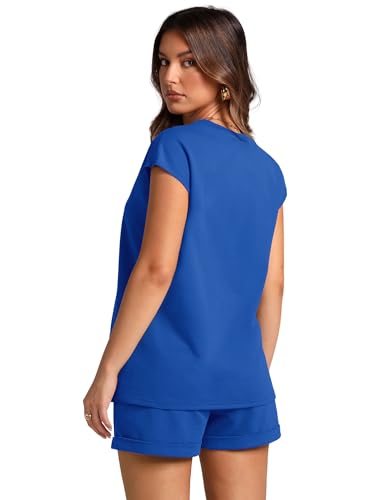 Image of WIHOLL 2 Piece Sets for Women Casual Summer Travel Vacation Outfits Cap Sleeve Shorts Lounge Set