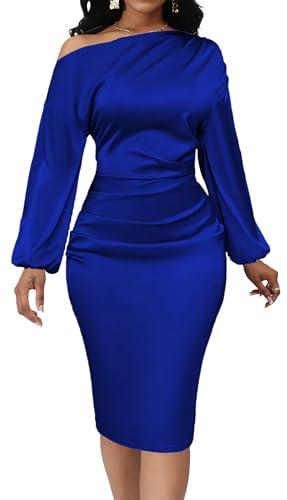 Yiershu Women's Fall Off Shoulder Bodycon Pencil Midi Dresses Formal Long Sleeve Elegant Cocktail Party Wedding Maxi Dresses(Royal Blue,XL)
