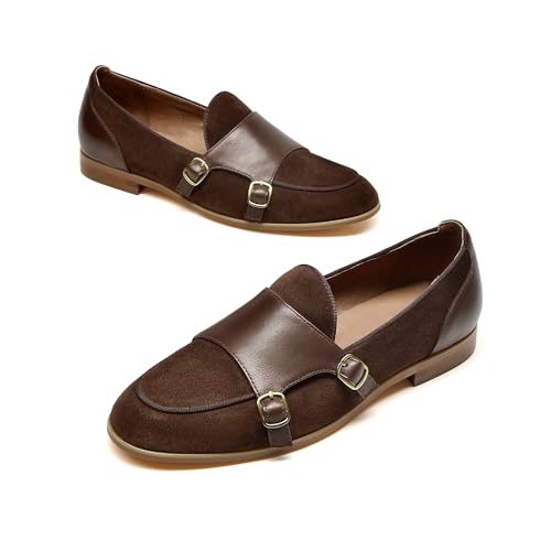 Image of BEAU TODAY Monk Straps Loafers for Women Double Buckles Design Womens Leather Flat Shoes Comfort Business Slip-on Casual Round Toe Loafer Shoes