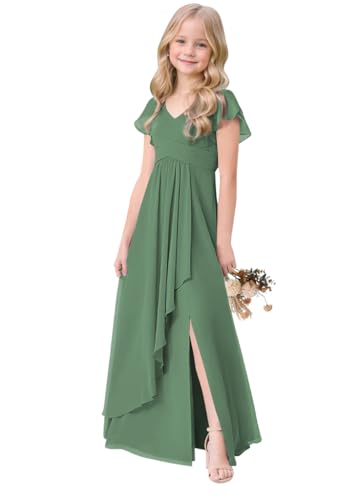 Short Sleeve Junior Bridesmaid Dresses for Teen Girls with Slit Pleated V Neck Ruffle Chiffon Long Flower Girl Dress