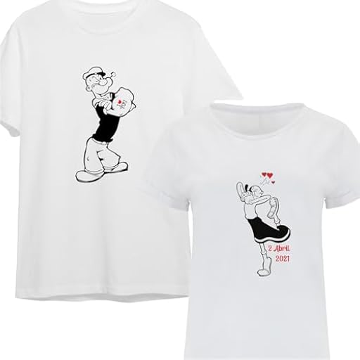 EVYRE | Pack Camisetas Personalizadas para Parejas | Regalos San Valentín Hombre y Mujer | Diseño Romántico | 100% Algodón | Regalo Personalizado para Aniversario o Día de los Enamorados, Popeye | Ya disponible en tu tienda friki favorita! En mundofriki.es!
