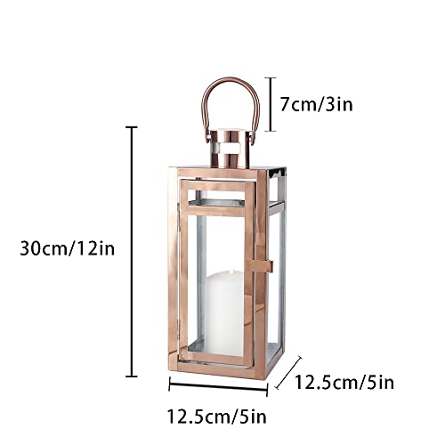 TRIROCKS Stainless Steel Decorative Lantern 30cm High Metal Candle Holder with Clear Glass Panels Perfect for Home Decor Living Room Parties Events Tabletop Indoors Outdoors (Rose Gold)