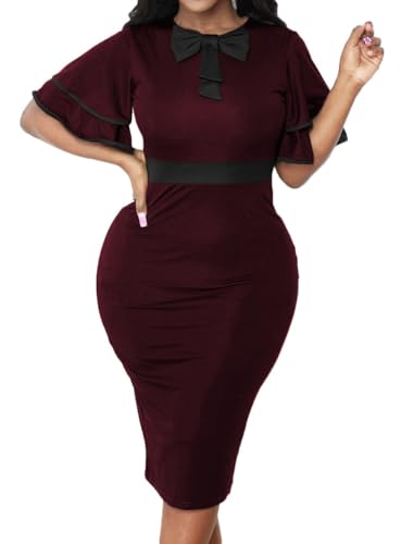 Image of Xinlees Women's Bodycon Pencil Dress Sexy Short Ruffles Sleeve Clubwear Basic Fitted Outfits Casual Midi Dresses