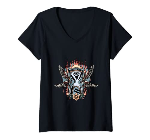 Mujer Reloj de arena con ojo y llamas / tatuaje / burning time Camiseta Cuello V