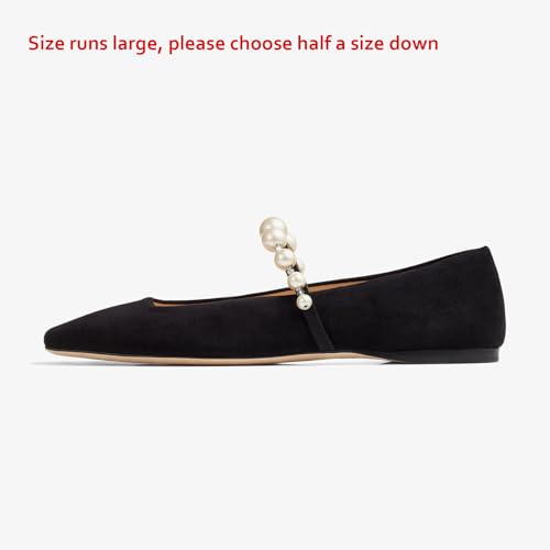 MIRAAZZURRA Mary Jane Flats for Women Ballet Flats Square Toe Pearl Strap Retro Dress Shoes4