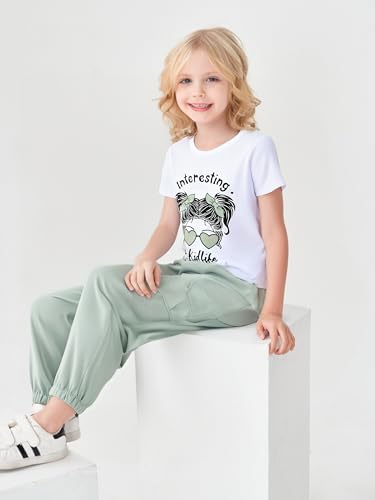 Image of Ayzozuy Kid Girl Clothes Outfits Figure Letter Graphic Tee Top + Flap Pocket Pants 2PC Clothing Set