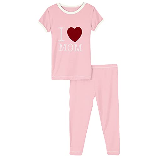 KicKee Two-Piece Applique Pajama Set with Short Sleeves, I Love Mom Pajamas