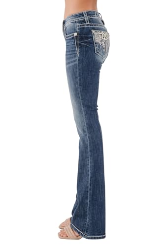 Miss Me Women's Feather Dreamcatcher Embellished Pockets Mid-Rise Bootcut Jeans3