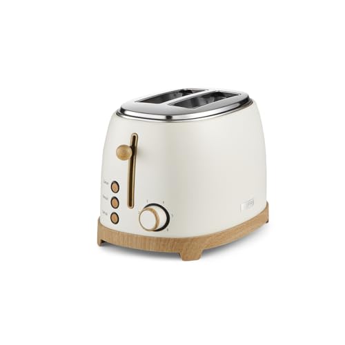 GEEPAS NordiQ 2 Slice Toaster | Matte Finish with Wood Accents | 6 Browning Levels Defrost Reheat & Cancel | High Lift Removable Crumb Tray Cool Touch Cord Storage | 2 Year Warranty 850W Cream