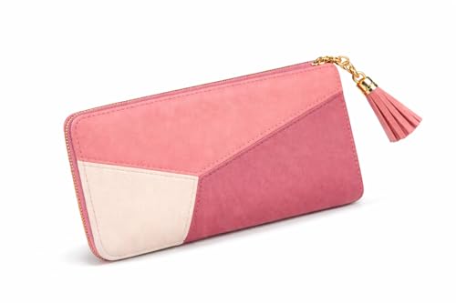 Carteira Feminina Grande com Zíper Porta Cartões e Moedas Carteira Longa Tricolor com Pingente, 8 Compartimentos para Cartões, Bolsinho Interno com Zíper, Pode Usar como Bolsinha (ROSA)