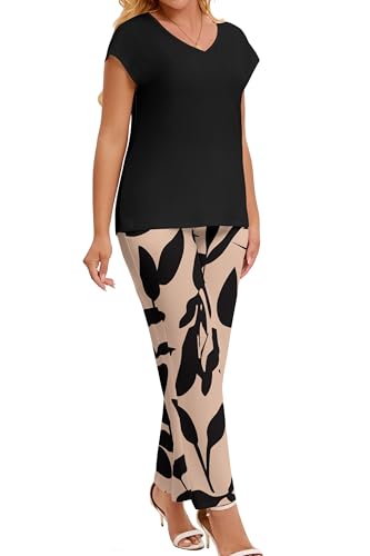 Pink Daisy Women‘s Casual 2 Piece Lounge Set Cap Sleeves V Neck Top Wide Leg Print Pants with Pockets Vacation Travel Daily2