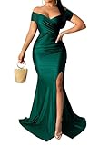Uni Clau Women's Off Shoulder High Split Long Formal Party Maxi Dress Evening Gown V Neck Short Slee