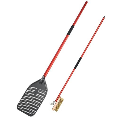 Onilini 13 Inches Perforated Pizza Peel Hard Anodized, Detachable 53 inch Overall Length, 43 inch Oven Brush, 2 Pieces Set Oven Accessories(Red)