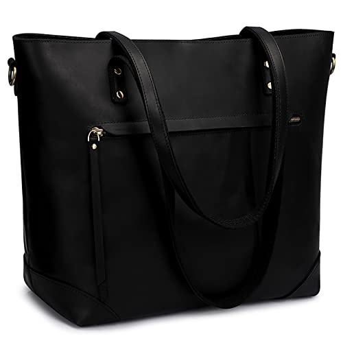 S-ZONE Vintage Genuine Leather Shoulder Bag Work Totes for Women Purse Handbag with Back Zipper Pocket Large