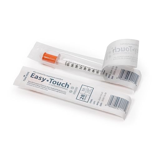 Image of Easy Touch Individually Wrapped 28 Gauge U-100 Insulin Syringes (28G 1cc 1 /2 inch) with 1 /2 inch Long Needle, 1cc (100 Unit Capacity), Bold Markings for Accurate Dosing, Disposable, Box of 100