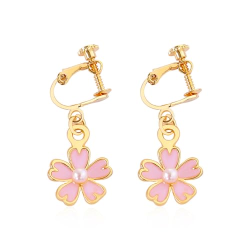 Aretes Colgantes Florales Rosados con Perla y Esmalte