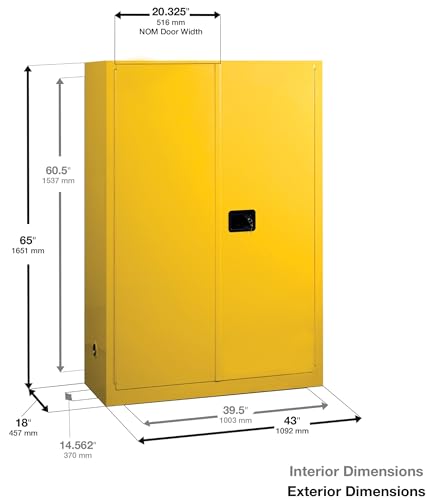 Image of Justrite 60 Gallon Self Close Paint and Ink Safety Cabinet, 18 Gauge Steel, 5 Shelves, 43 inch x 65 inch x 18 inch, 2 Door Combustibles Cabinet, Made in The USA, Yellow, 894530