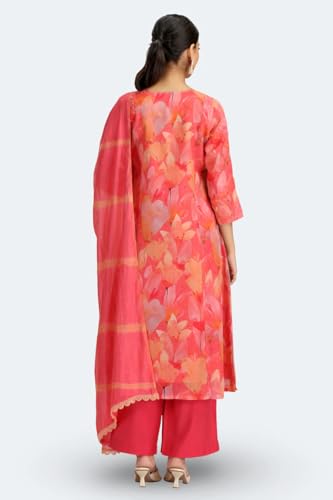 Image of Cotton Culture Peach Chinnon Floral Printed Straight Kurta Pant and Dupatta Suit Set