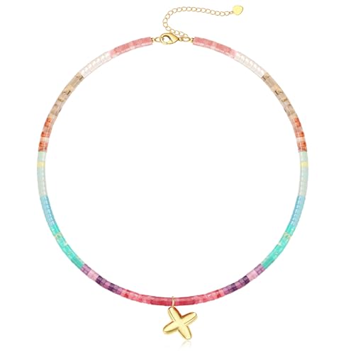 Beaded Initial Necklaces for Women Teen Girl Gifts Trendy Stuff Colorful Gemstone Choker Necklace with Bubble A-Z Stocking Stuffers for Teens Christmas Gifts for Her Birthday Summer Beach Jewelry for Daughter Sister Friend