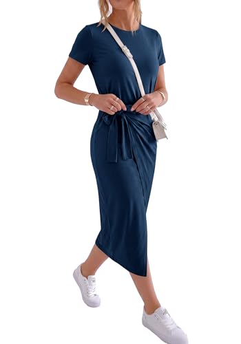 Image of NOLLSOM Women Casual Sleeveless Striped Tank Midi Dresses Halter Neck Ruched Bodycon Dresses Tie Waist T Shirt Summer Dress