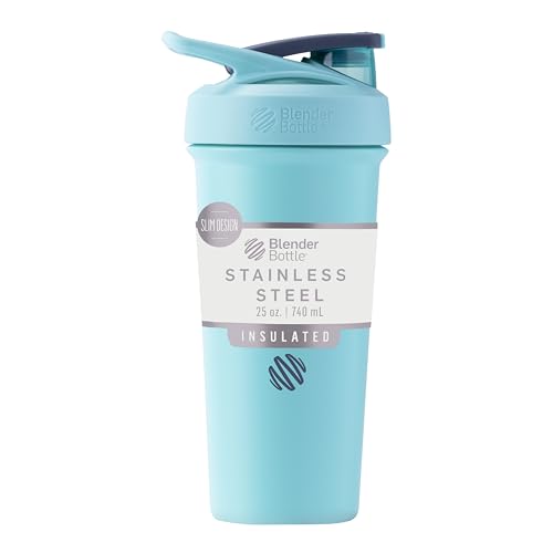 BlenderBottle Strada Sleek Shaker Cup Insulated Stainless Steel Water Bottle with Wire Whisk, 740ml, Seafoam