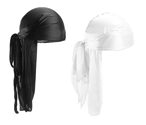 2 Piezas Durag de Seda Gorro de Onda Elástico Envoltura de Cabeza con Cola Larga Correas Anchas Unisex Poliéster Turbante Sedoso Durag de Onda Transpirable Pirata Cap de Hombres Mujeres